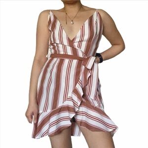 KTK Striped Brown and White Ruffle Mini Dress S​​​​​​​​​​​​​​​​​​​​​​​​​​​​